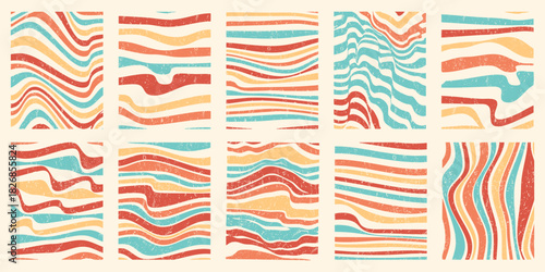 Abstract wavy background collection with vintage texture. Colorful retro curves in orange, blue and yellow tones
