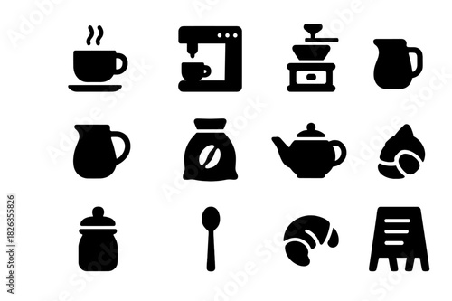 Coffee Shop Icons. Coffee shop essentials. Solid icon set of coffee shop essentials: coffee cup, espresso machine, grinder, milk jug, beans sack, teapot, sugar