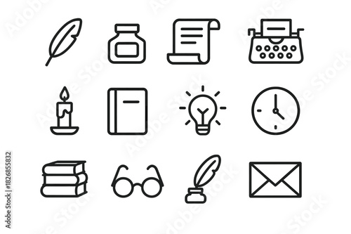 Creative Writing Icons. Creative writing. Line icon set of creative writing: feather pen, ink bottle, paper scroll, typewriter, candle, notebook, idea bulb,