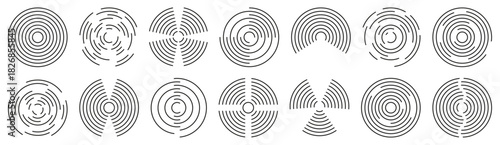Concentric line circles with segmented geometric variations. Each form shows rhythmic movement through repeated curves and openings