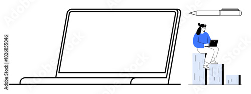Woman on bar graph analyzing data with a laptop and pen nearby, emphasizing productivity, education, and creative thinking. Ideal for workplace, online learning, business, strategy, innovation