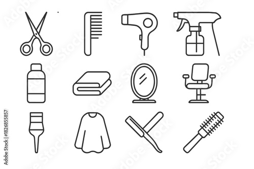 Hair Salon Icons. Hair salon. Line icon set of hair salon: salon chair, wash basin, hairdryer hood, mirror, trolley cart, hairbrush, scissors, comb, apron,