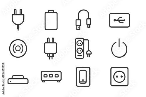 Power Icon Set. Power & Connectivity. Line icon set of Power & Connectivity: power plug, battery, charging cable, USB port, wireless charger, adapter, surge