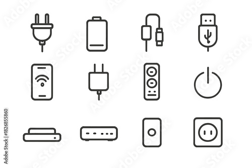 Power Icon Set. Power & Connectivity. Line icon set of Power & Connectivity: power plug, battery, charging cable, USB port, wireless charger, adapter, surge