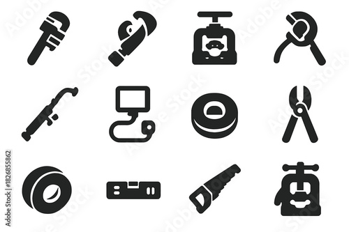 Pipe Tools Icons. Pipe tools. Solid icon set of Pipe tools: pipe wrench, pipe cutter, threading tool, pipe bender, welding torch, inspection camera, tape