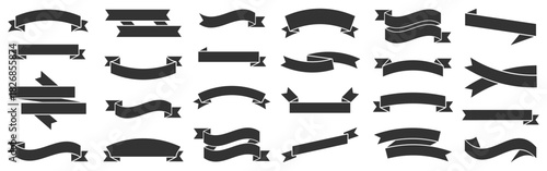 Ribbon banner collection in flat black style. Variety of curved and straight shapes for titles, promotions, and decorative compositions