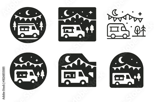 Food Truck Logos Grid. Food truck street parties. Icon set. Set Logo of food truck street parties: night street scene with food trucks and fairy lights.