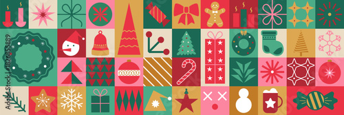 Christmas icon grid with colorful holiday elements. Decorative objects like trees, gifts, wreaths, and stars arranged in geometric composition. Perfect for festive patterns or greeting backgrounds