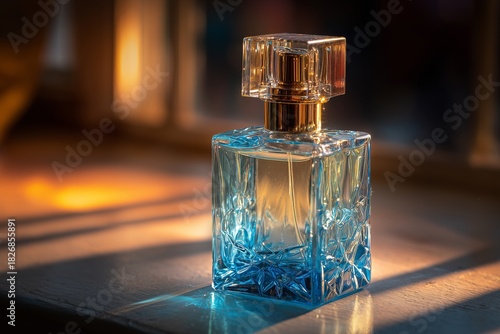 Elegant Glass Perfume Bottle Glowing in Warm Light by a Window During Sunset