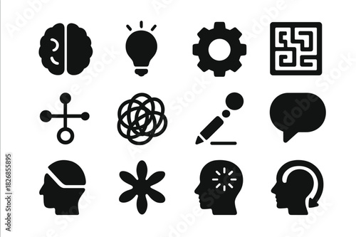 Creative Icon Set. Creative thinking. Solid icon set of Creative thinking: brain, light bulb, gear, maze, mind map, scribble, pencil and thought, speech