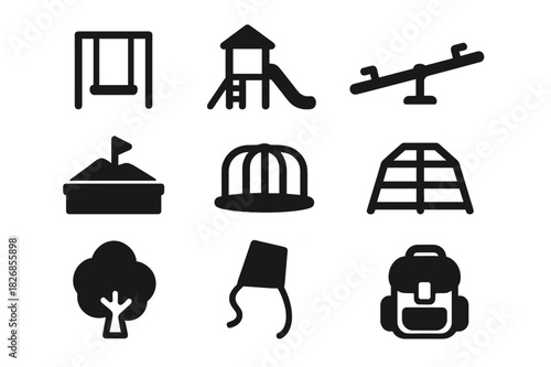 Playground Icons Grid. Playground Icons. Solid icon set of swing, slide, seesaw, sandbox, merry-go-round, jungle gym, climbing frame, ball, bench, tree, kite,