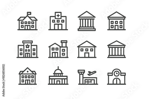 Public Building Icons. Public buildings. Line icon set of public buildings: school, hospital, courthouse, library, police station, fire station, post office,