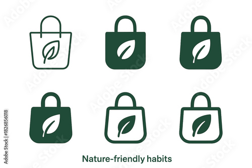 Nature Habits Logos. Nature-friendly habits. Icon set. Set Logo of nature habits: reusable shopping bag. harmonious logo variations of the same emblematic