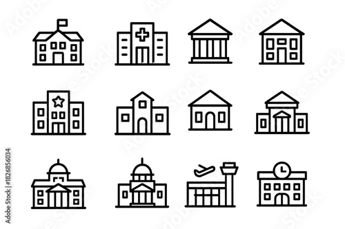 Public Building Icons. Public buildings. Line icon set of public buildings: school, hospital, courthouse, library, police station, fire station, post office,