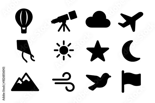 Sky Exploration Icons. Sky exploration. Solid icon set of sky exploration: hot air balloon, telescope, cloud, airplane, kite, sun, star, moon, mountain, wind