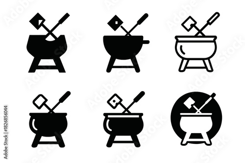 Fondue Logo Variations. Preparing a hot pot or fondue for a social meal with friends. Icon set. Set Logo of Preparing a hot pot or fondue for a social meal
