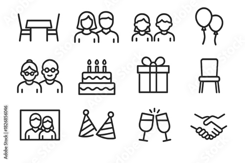 Family Reunion Icons. Family Reunion. Line icon set of Family Reunion: dining table, parents, children, grandparents, cake, balloons, gift box, chairs, family