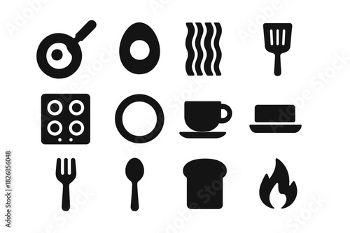 Breakfast Cooking Icons. Cooking breakfast. Solid icon set of cooking breakfast: frying pan, egg, bacon, spatula, stove, plate, coffee cup, butter, fork,