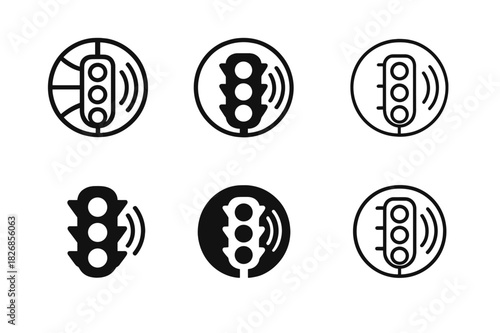 Smart Traffic Light Icons. Smart traffic lights. Icon set. Set Logo of Smart traffic lights: round traffic light with radar sensors. harmonious logo variations