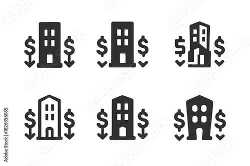 Corporate Tax Logos. Corporate tax policies. Icon set. Set Logo of corporate tax policies: office building with dollar arrows. harmonious logo variations of