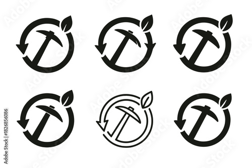 Renewable Mining Logos. Efficient energy use in mining industries. Icon set. Set Logo of efficient energy use in mining industries: renewable energy loop