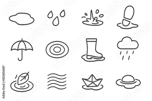 Puddle Icon Set. Puddle. Line icon set of Puddle: small puddle, raindrops, splash, wet footprint, umbrella, water ripple, rain boot, cloud with rain, leaf in