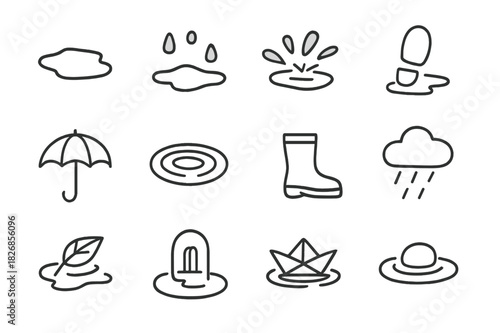 Puddle Icon Set. Puddle. Line icon set of Puddle: small puddle, raindrops, splash, wet footprint, umbrella, water ripple, rain boot, cloud with rain, leaf in