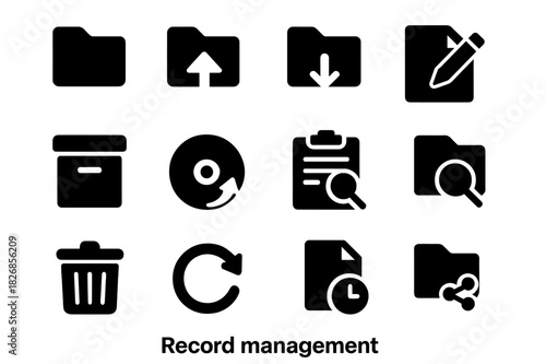 Record Management Icons. Record management. Solid icon set of Record management: folder, upload arrow, download arrow, edit file, archive box, backup disk,