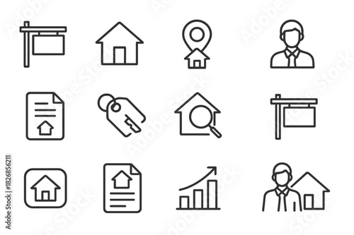 Real Estate Icons Set. Real estate. Line icon set of real estate: for sale sign, house icon, property location, realtor icon, deed document, key with tag, home