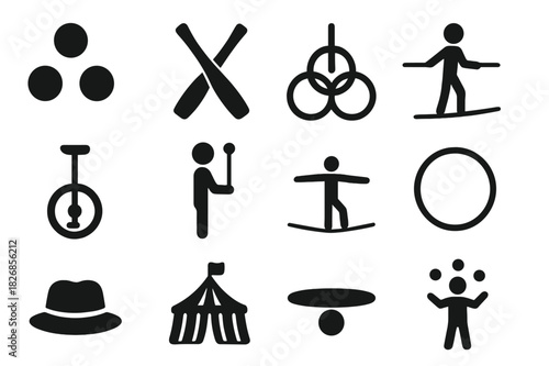 Circus Skill Icons. Juggling and Balance. Solid icon set of juggling balls, clubs, rings, unicycle, balancing stick, baton, tightrope, hat, circus tent,