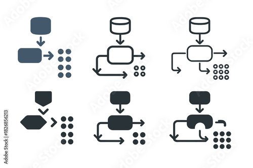 Algorithm Flowchart Logos. Machine learning algorithm flowchart. Icon set. Set Logo of machine learning algorithm flowchart: Model training pipeline.