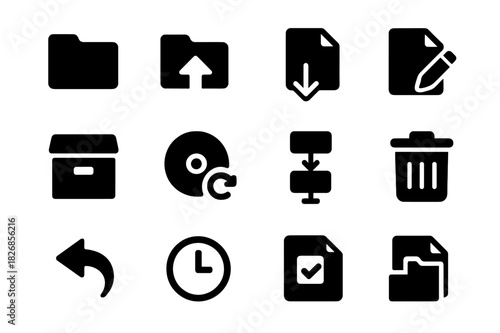 Record Management Icons. Record management. Solid icon set of Record management: folder, upload arrow, download arrow, edit file, archive box, backup disk,