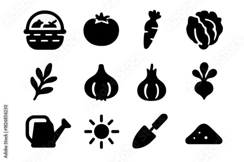 Garden Harvest Icons. Garden harvest. Solid icon set of Garden harvest: basket of vegetables, tomato, carrot, lettuce, herbs, onion, garlic, radish, watering