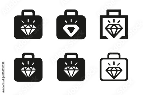 Travel Gem Icons. Hidden travel gems. Icon set. Set Logo of hidden travel gems: suitcase with shining gem. harmonious logo variations of the same emblematic