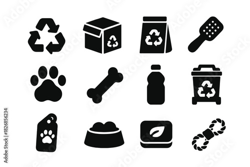Recyclable Pet Icons. Recyclable Pet Supplies. Solid icon set of Recyclable Pet Supplies: recycling symbol, cardboard box, bag, bamboo brush, paw, bone,