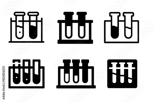 Science Icons Collection. Science experiment setup. Icon set. Set Logo of science experiment setup: test tubes on rack. harmonious logo variations of the same
