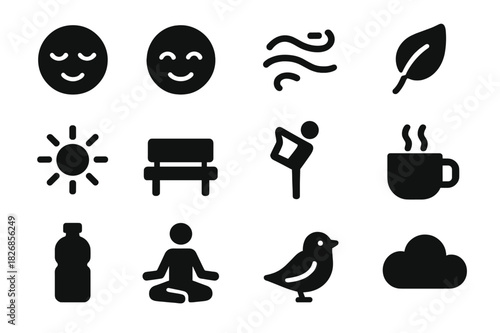 Relaxation Icon Set. Relaxation elements. Solid icon set of Relaxation elements: calm face, smile, gentle breeze, leaf falling, sunlight, sitting spot,