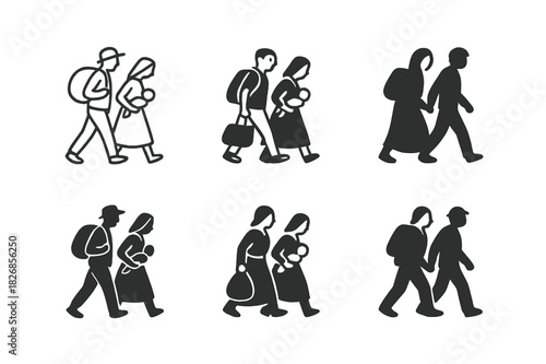 Refugee Icon Variations. Global Migration & Refugee Issues. Icon set. Set Logo of walking refugees. harmonious logo variations of the same emblematic concept
