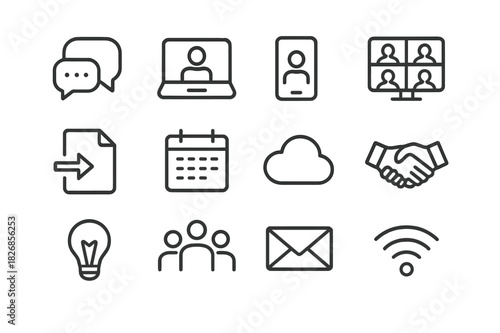 Remote Collaboration Icons. Remote Collaboration. Line icon set of Remote Collaboration: chat bubbles, laptop, phone, video conference, file sharing, calendar,