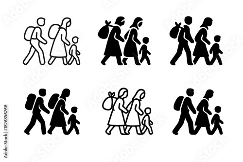 Refugee Icon Variations. Global Migration & Refugee Issues. Icon set. Set Logo of walking refugees. harmonious logo variations of the same emblematic concept
