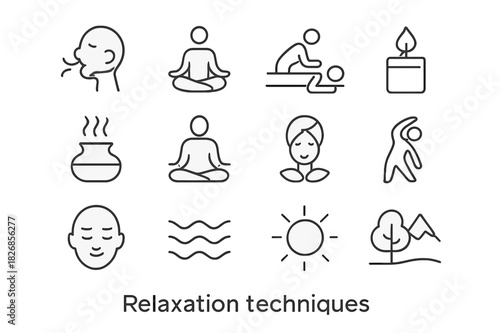 Relaxation Icon Set. Relaxation Techniques. Line icon set of Relaxation Techniques: deep breathing, yoga pose, massage, candle, aromatherapy, meditation, spa,