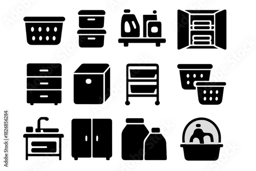 Laundry Storage Icons. Laundry storage. Solid icon set of Laundry storage: storage basket, labeled bins, detergent shelf, linen closet, drawer unit, fabric