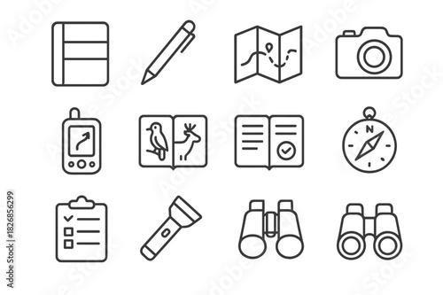 Field Journal Icons. Field Journal. Line icon set of Field Journal: notebook, pen, map, camera, GPS, wildlife sketches, observation notes, checklist, compass,