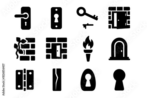 Secret Passage Icons. Hidden Door. Solid icon set of Hidden Door: door handle, lock plate, skeleton key, hinges, secret passage, bricks, ivy, torch, archway,