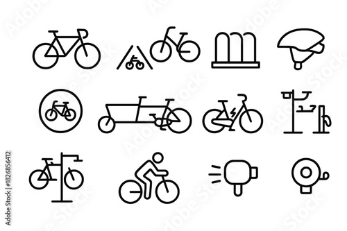 Urban Cycling Icons. Urban cycling. Line icon set of urban cycling: bicycle, bike lane, bike rack, helmet, cycling sign, cargo bike, e-bike, bike share