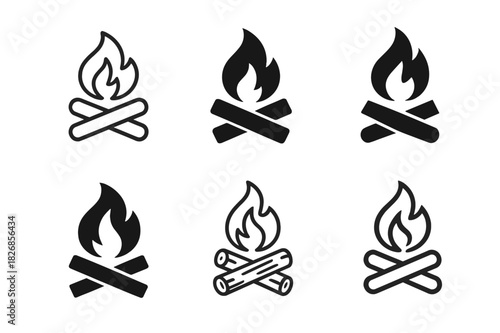 Campfire Logo Variations. Campfire. Icon set. Set Logo of campfire: Flames above crossed logs. harmonious logo variations of the same emblematic concept, each