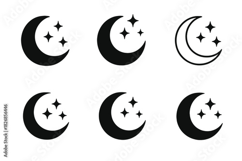 Cosmic Logo Variations. cosmic view. Icon set. Set Logo of cosmic view: crescent moon and stars. harmonious logo variations of the same emblematic concept,