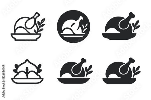 Roasted Chicken Logos. Preparing a roasted chicken with a side of mashed potatoes. Icon set. Set Logo of roasted chicken meal: roasted chicken with herbs.