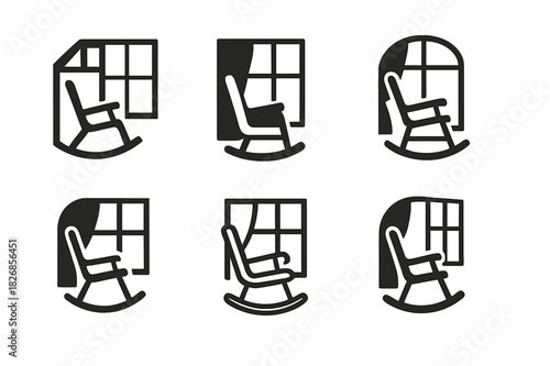 Rocking Chair Logos. Rocking chair by the window. Icon set. Set Logo of rocking chair: chair with open window and curtain. harmonious logo variations of the