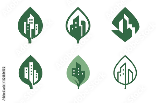 Urban Reforestation Icons. Urban reforestation. Icon set. Set Logo of urban reforestation: urban skyline inside leaf outline. harmonious logo variations of the
